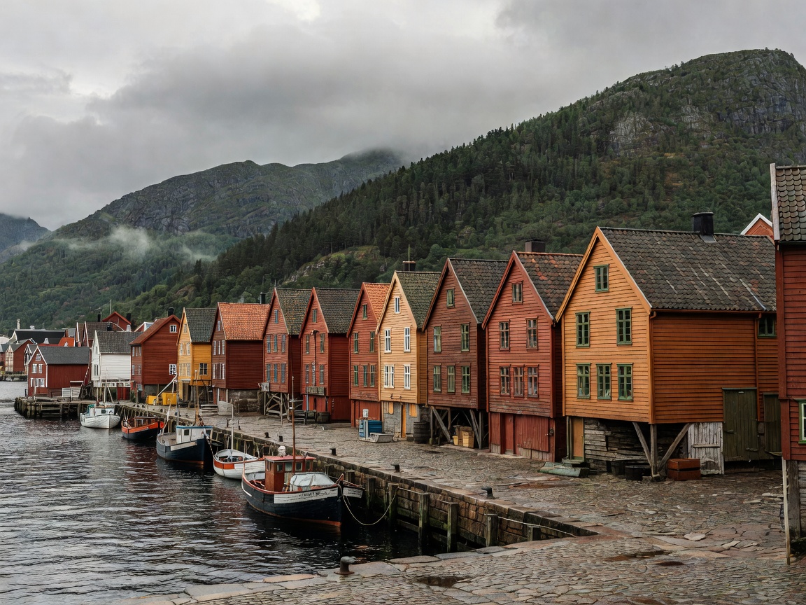 Bergen Hanseatic timber buildings along Bryggen wharf with coastal mountains
