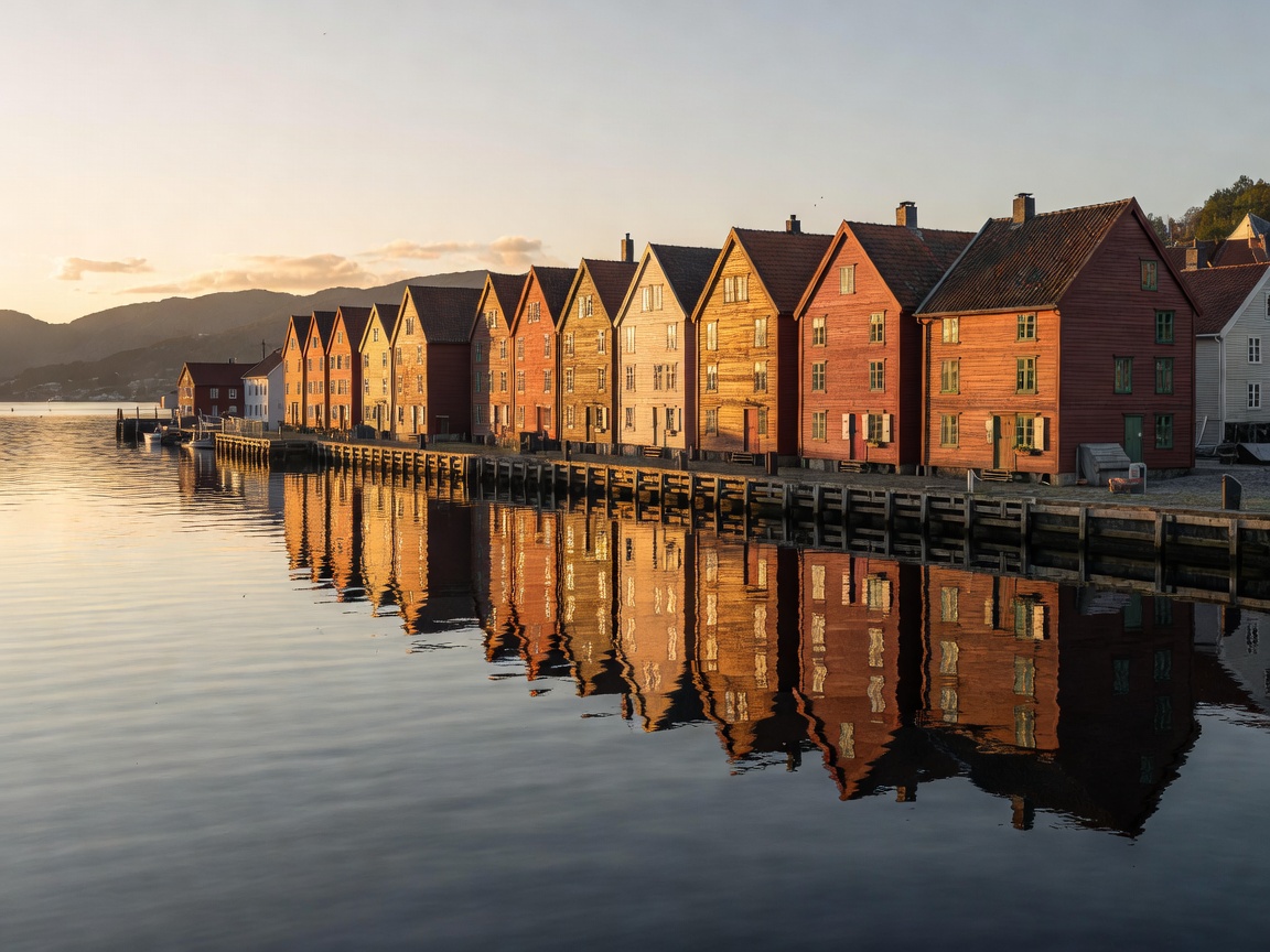 Bergen inner harbor Vågen with reflection of historical wooden storehouses