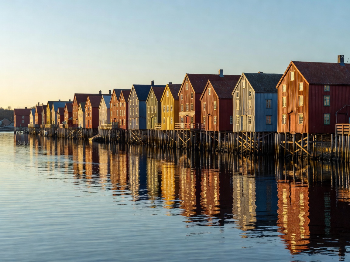 Nidelva river reflecting the painted timber stilt warehouses of historic Trondheim