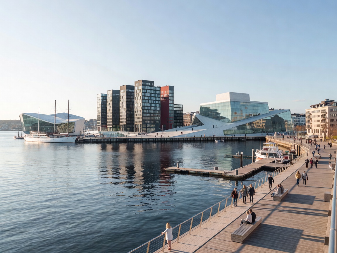 Panoramic view of Oslo waterfront showcasing contemporary Scandinavian architecture along the fjord