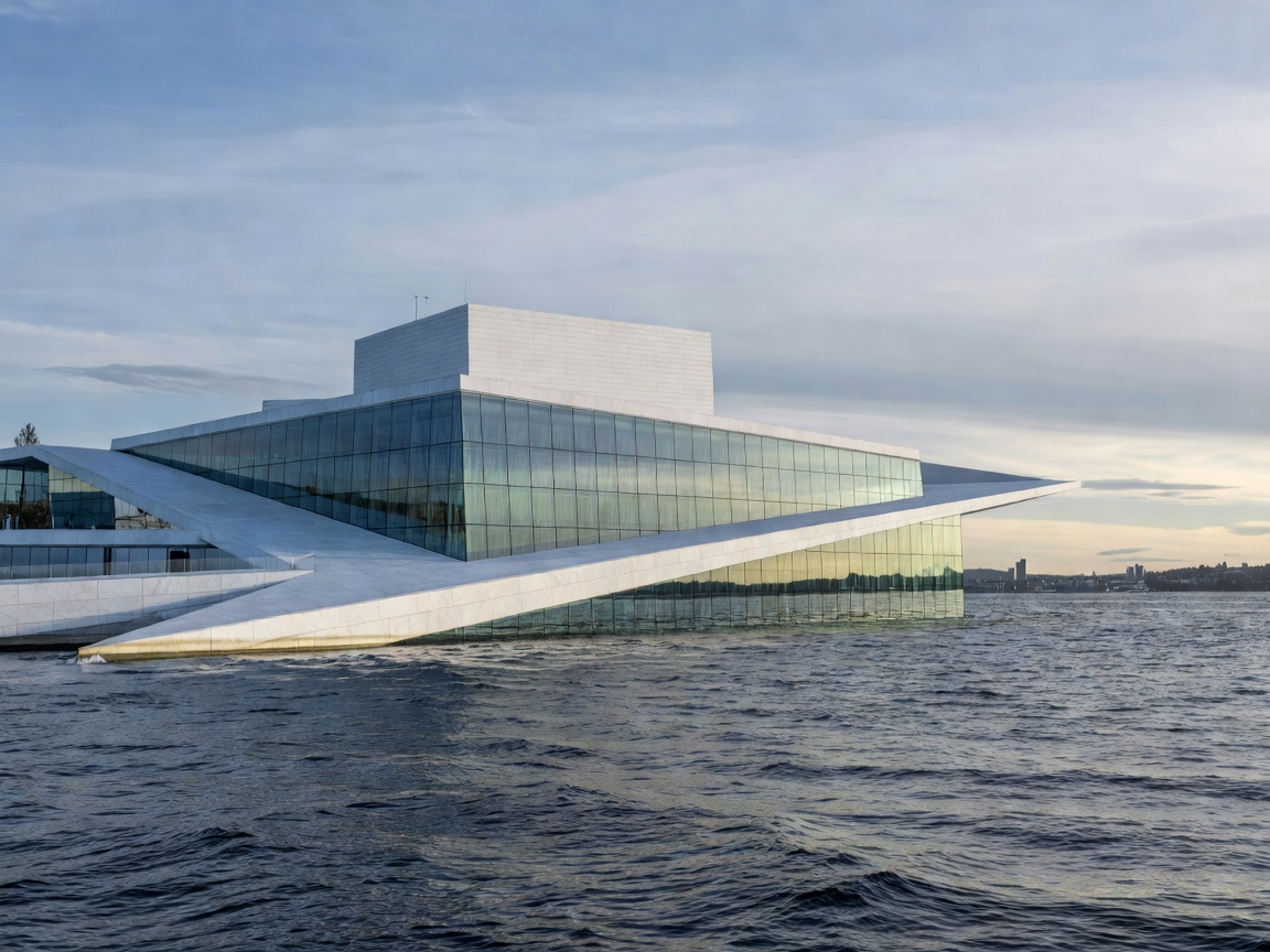 Snøhetta designed Oslo Opera House marble sloping roof rising from the Oslofjord