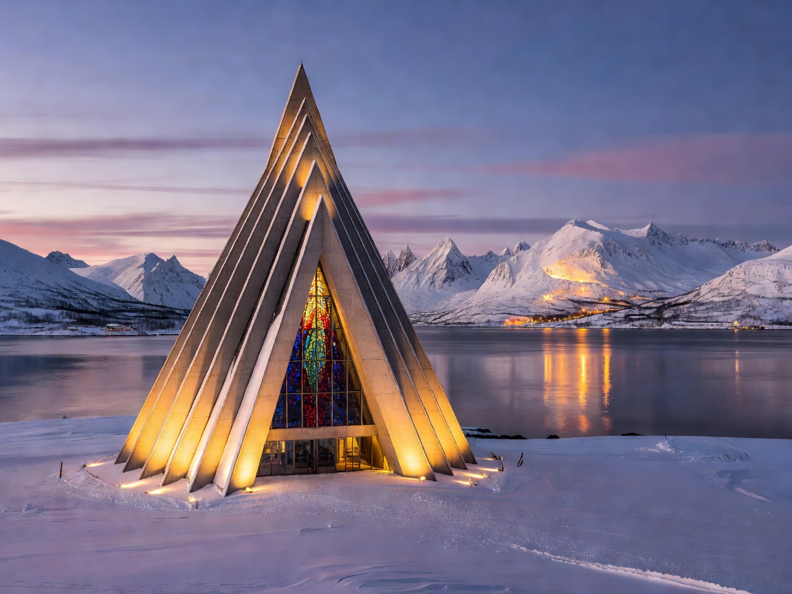 Tromso Arctic Cathedral lit against winter twilight and snow-capped peaks