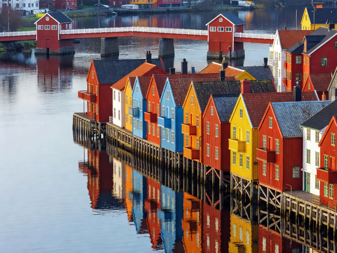 Trondheim colorful wooden wharves along the Nidelva river and Old Town Bridge